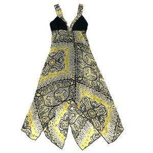 VTG La Belle Y2K Black Yellow Printed Handkerchief Mini Swing Dress Womens sz S